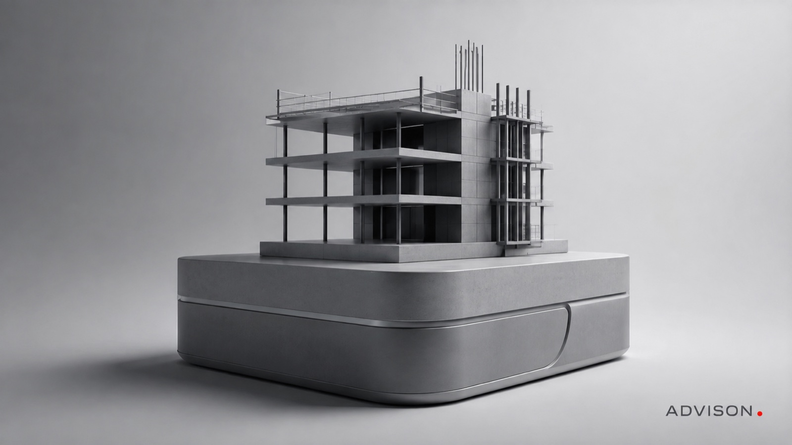 Grey model of a multi-storey reinforced-concrete building under construction on a rounded base with ADVISON branding
